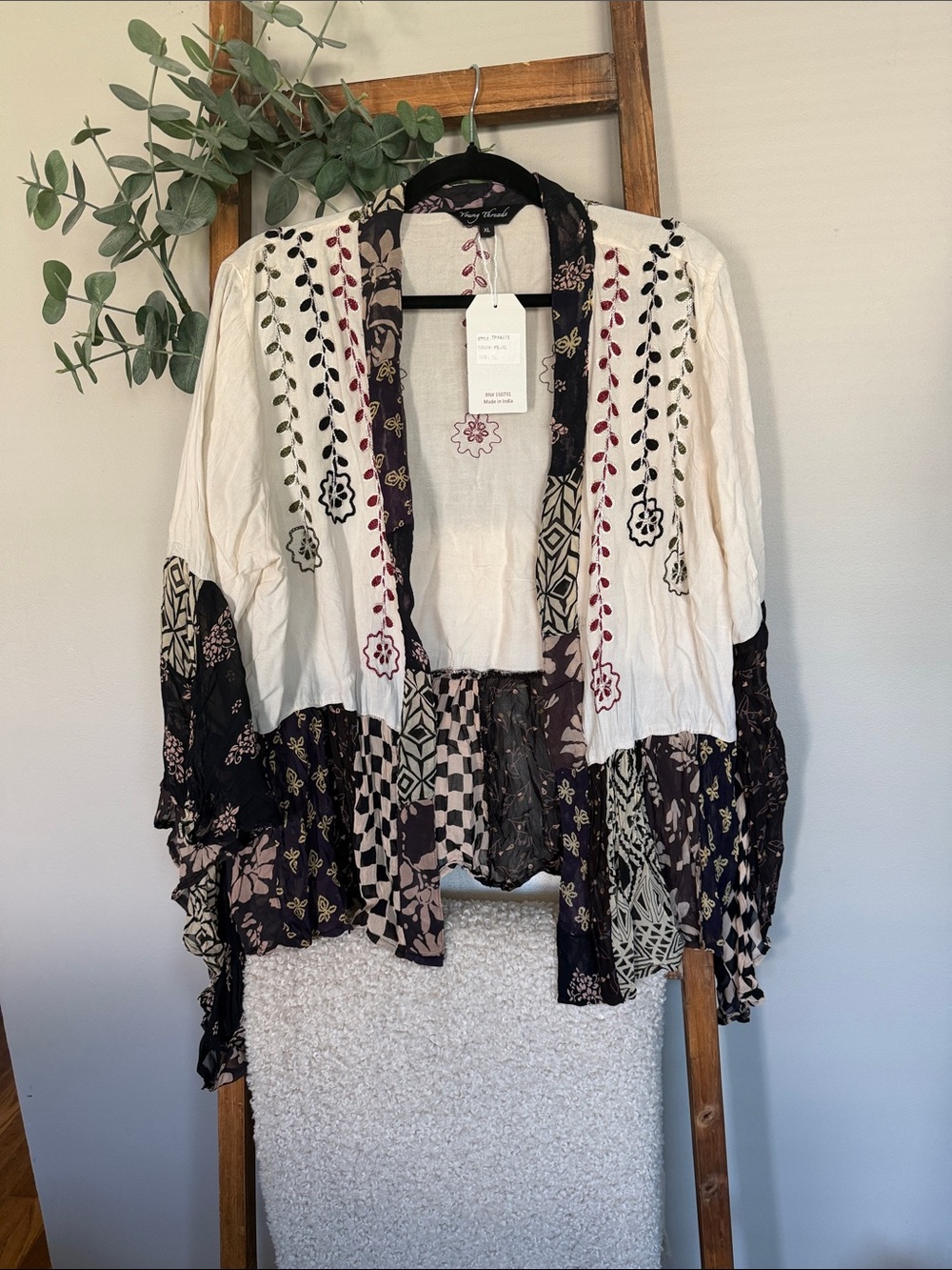 Young Threads Free People Cream and Black Mixed-Print Embroidered Kimono